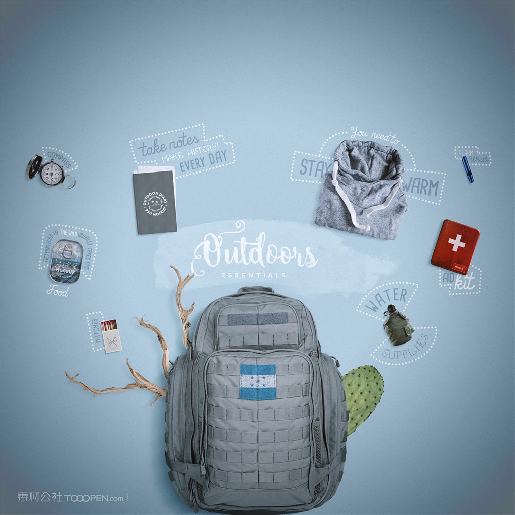 指南针日记本卫衣旅行背包户外水壶火柴素材
