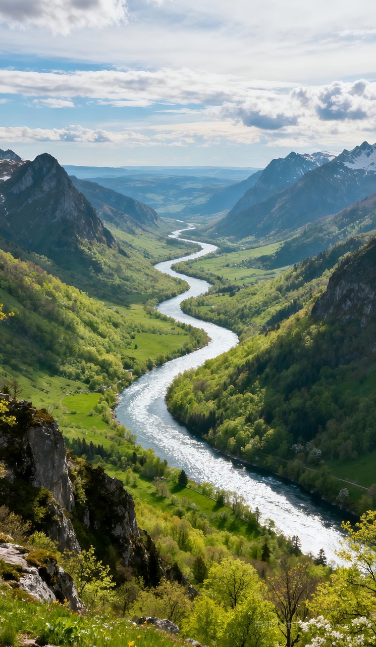 春天意境唯美山水风景河流山峰天空