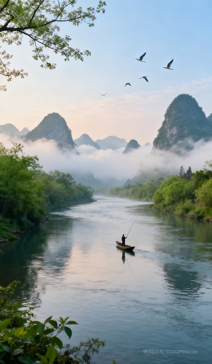 自然春天山峰天空唯美山水风景河流