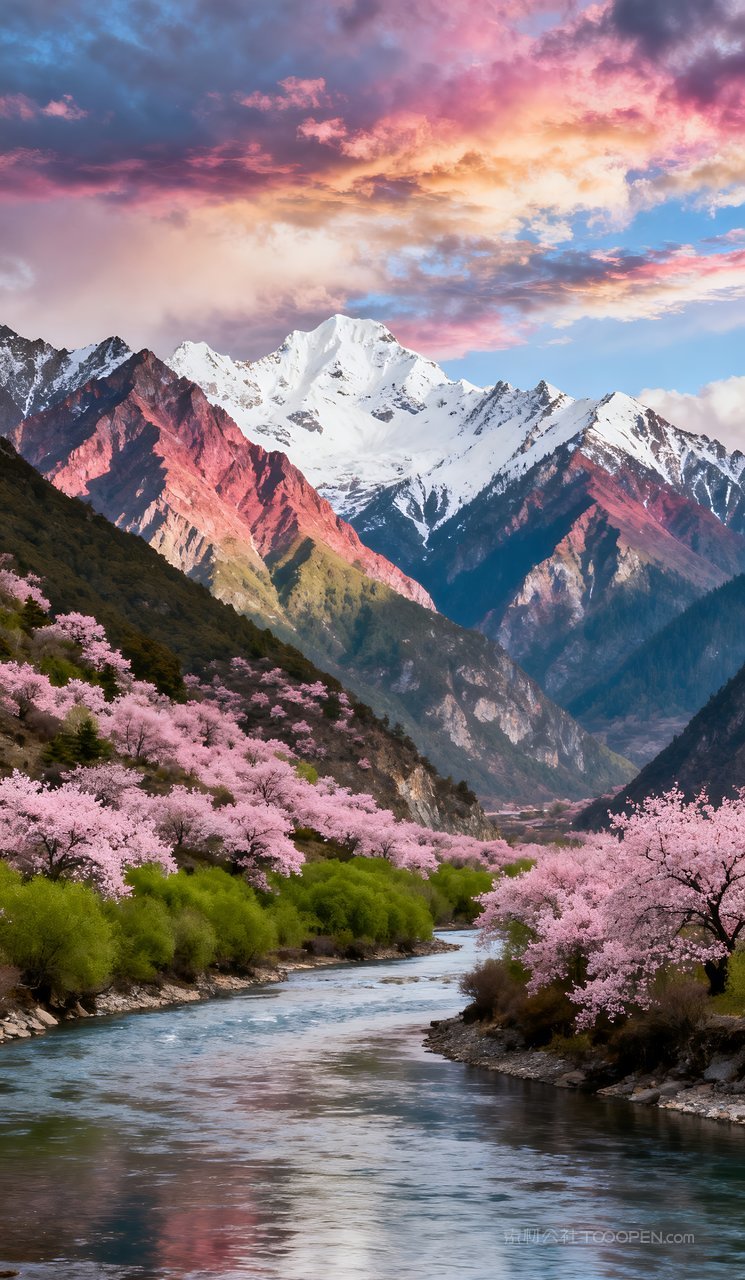 河流山峰景色自然山水天空唯美风景春季春天