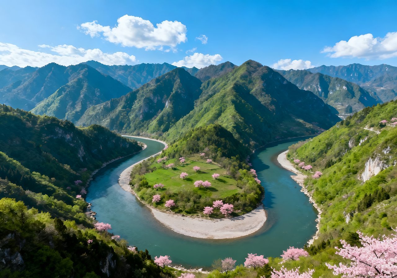河流春天风景意境唯美天空山峰山水