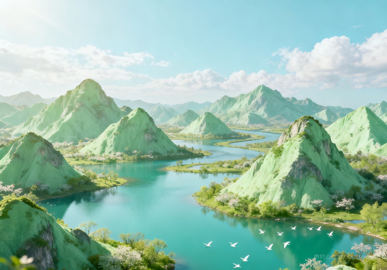 山峰意境河流天空风景春天自然春意