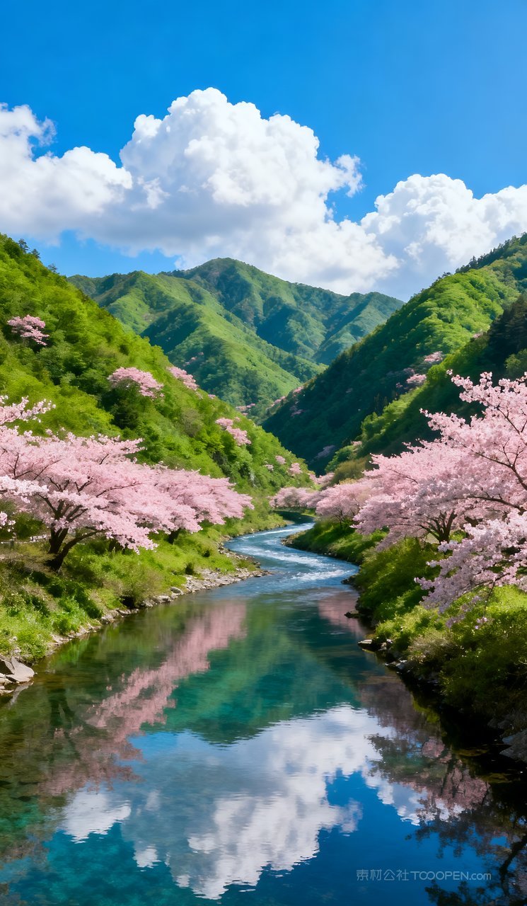 自然春季山水景色天空风景山峰春天河流唯美