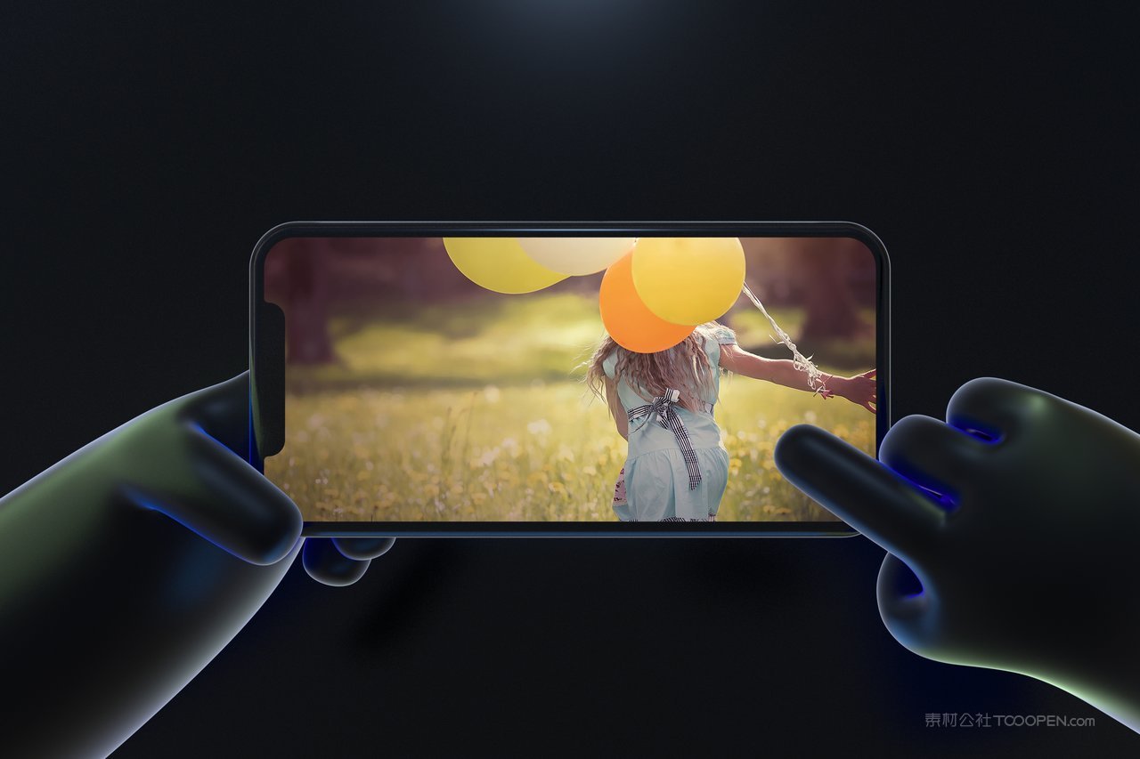 c4d立体卡通黑色手持横屏手机样机