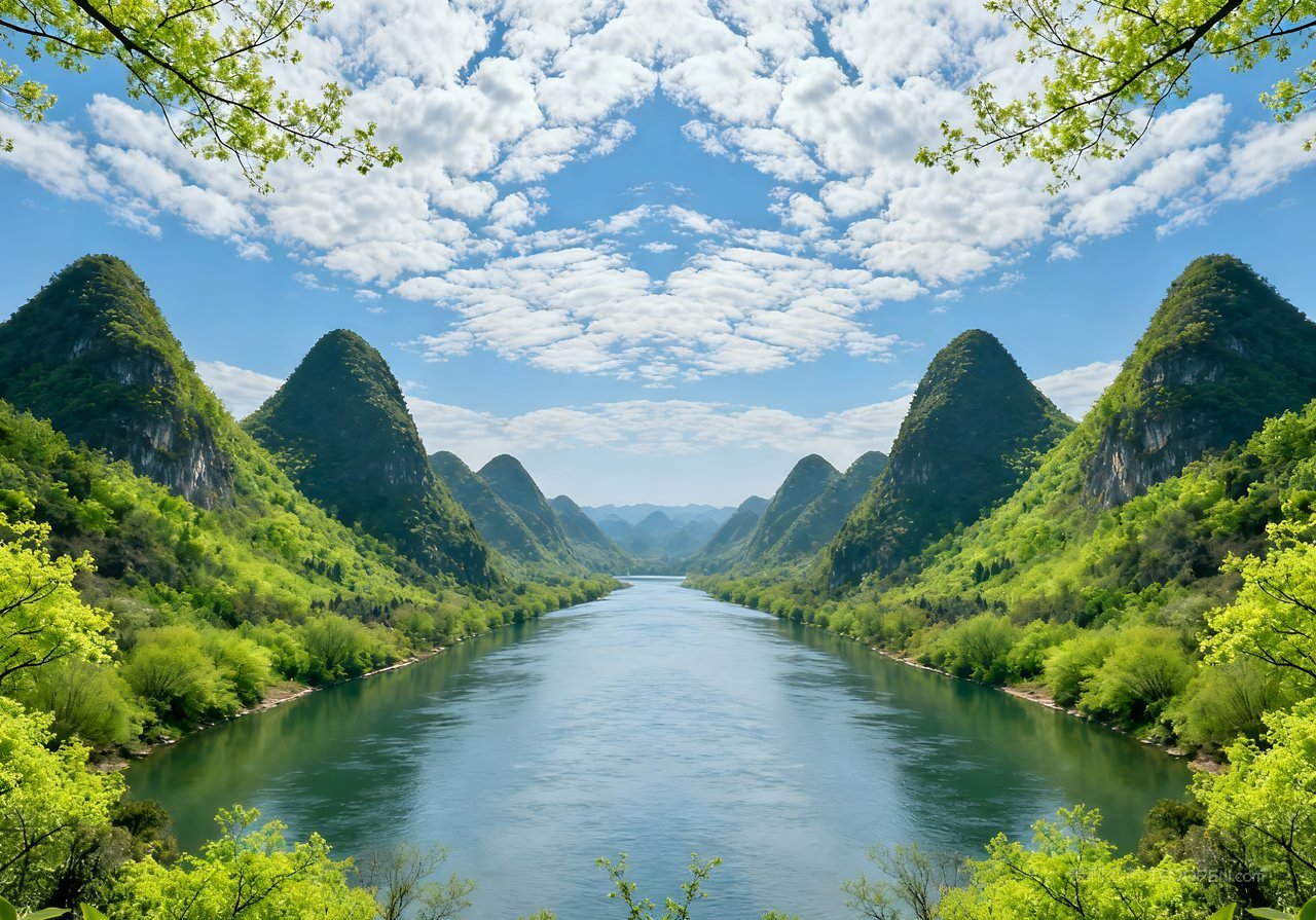 山峰风景自然意境春天河流天空春意