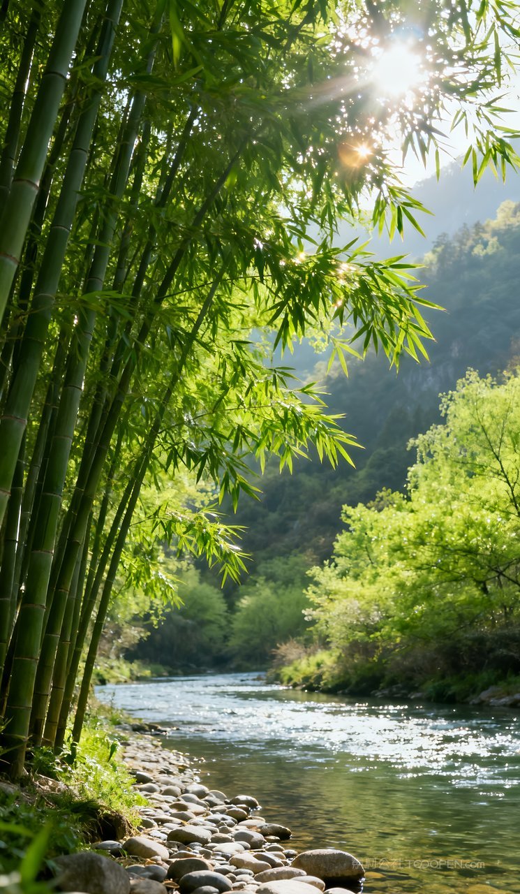山峰风景自然山水天空意境春天河流唯美