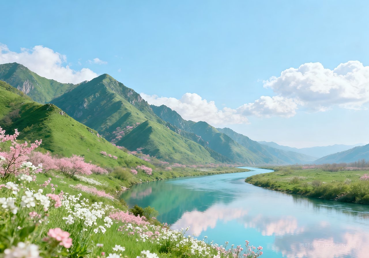 天空风景春意唯美春天山峰河流意境