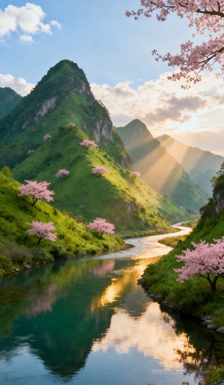 河流自然天空风景春天山峰唯美山水
