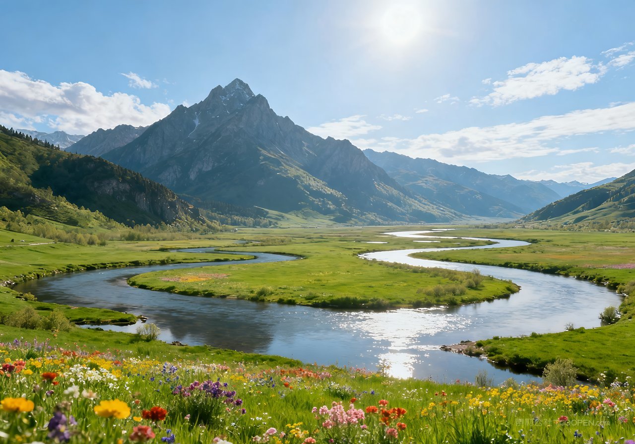 山水意境唯美春季河流山峰风景天空