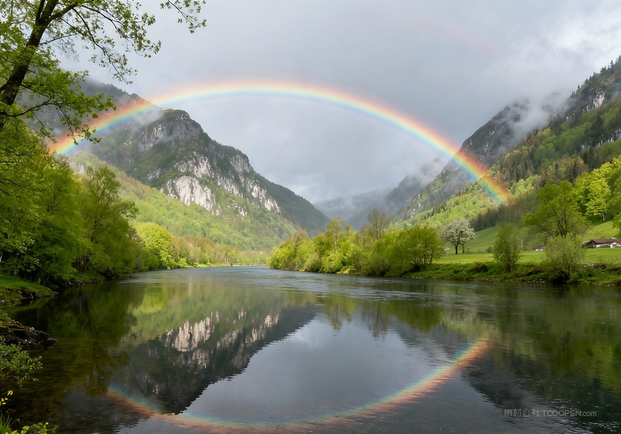 山峰春意河流自然天空意境风景春天