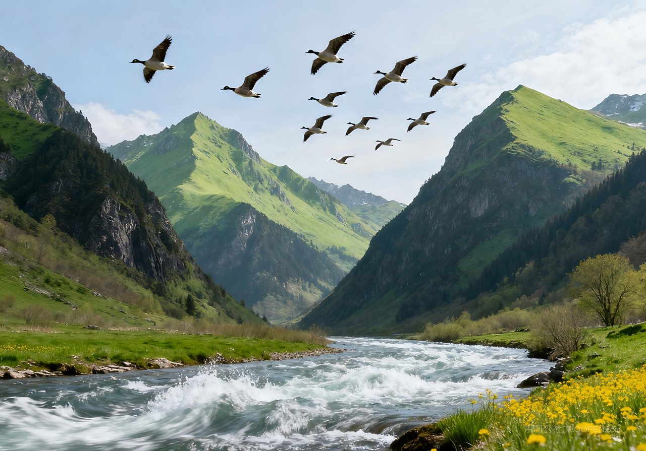 风景自然山峰春意春天意境河流天空