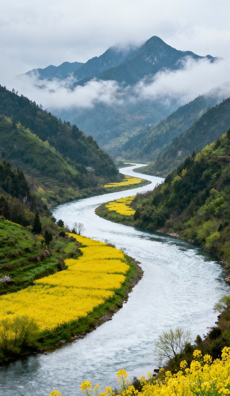 山水河流唯美山峰风景春天意境天空