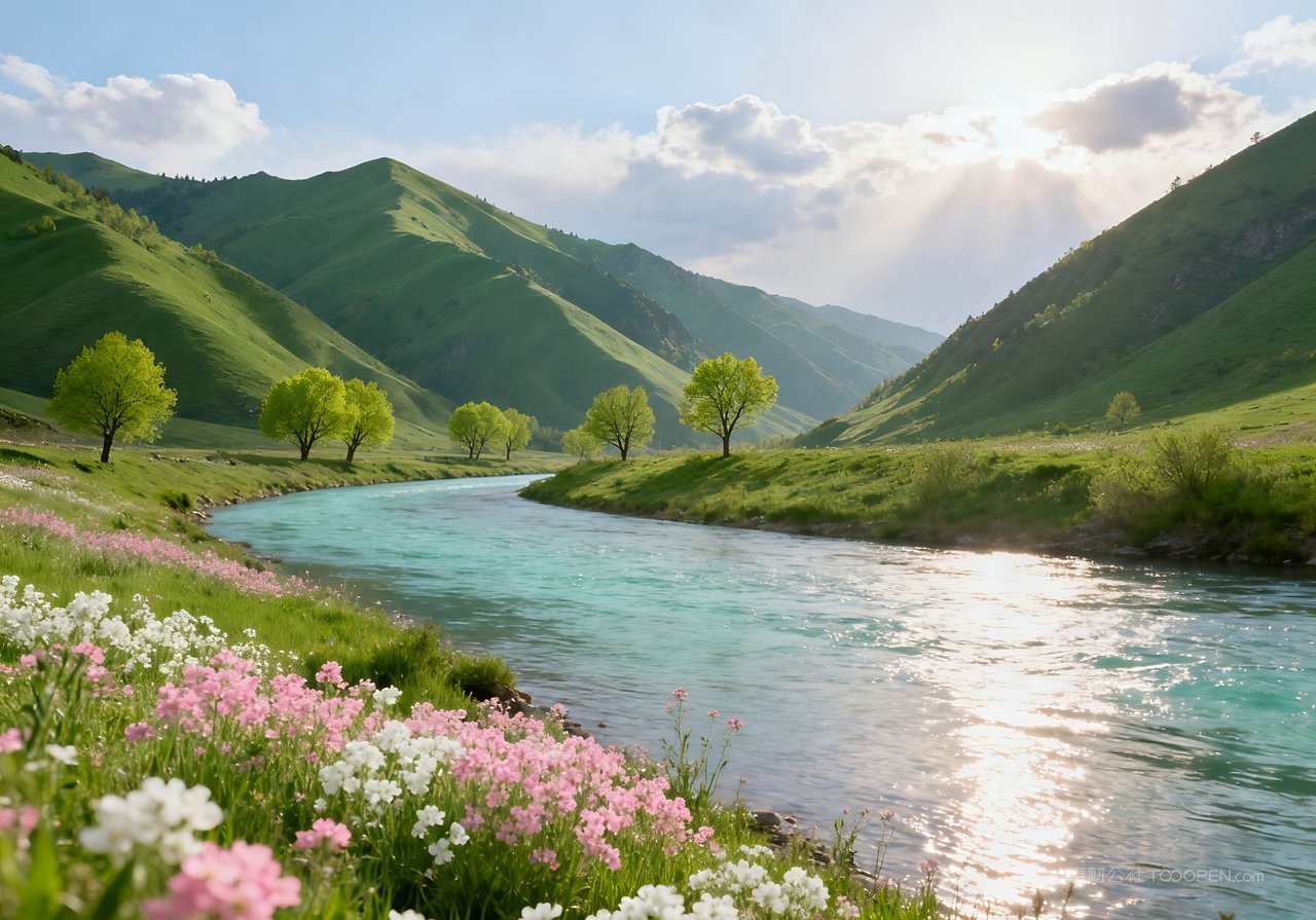 山峰春意风景天空意境自然唯美春天河流
