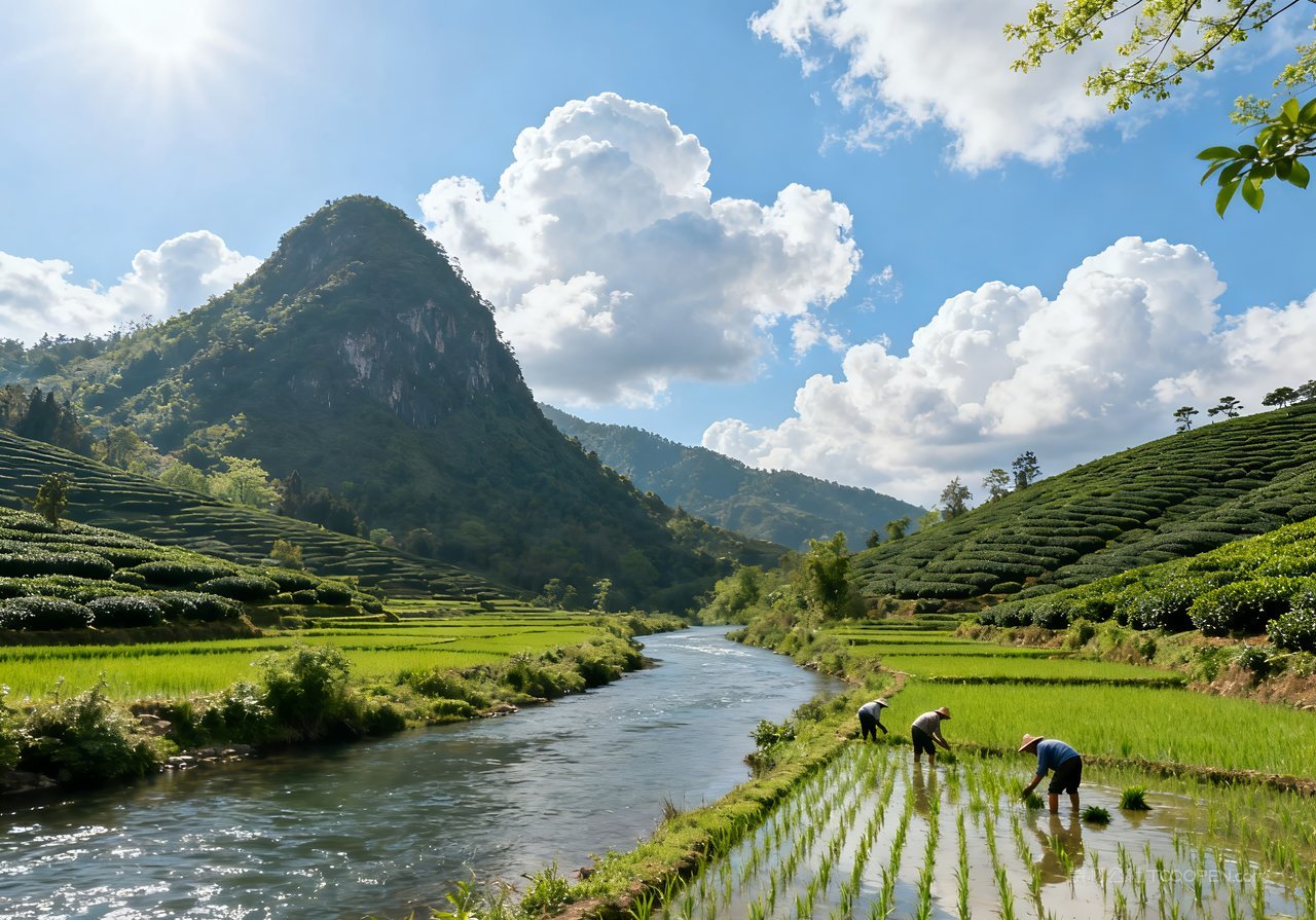 风景春意河流唯美春天山峰自然天空意境