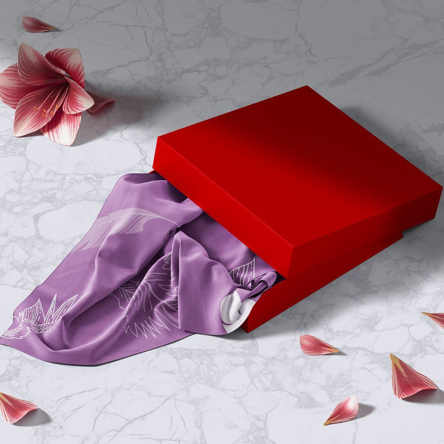 印花丝巾围巾紫色羽毛方巾丝巾丝绸织物样机 (2)