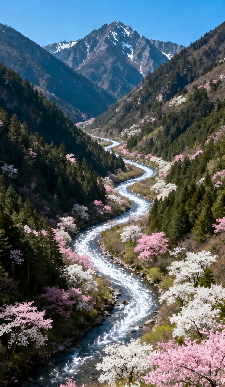 山水风景春季河流自然山峰春天天空唯美