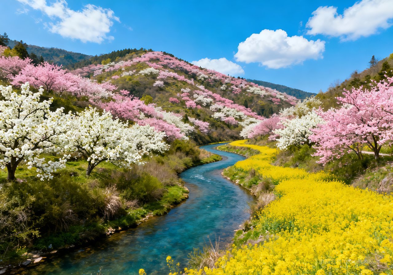 风景春意春天自然山峰天空意境河流