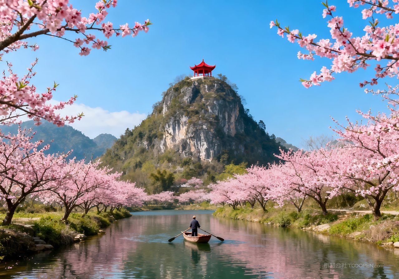 唯美河流山峰春意风景天空意境春天