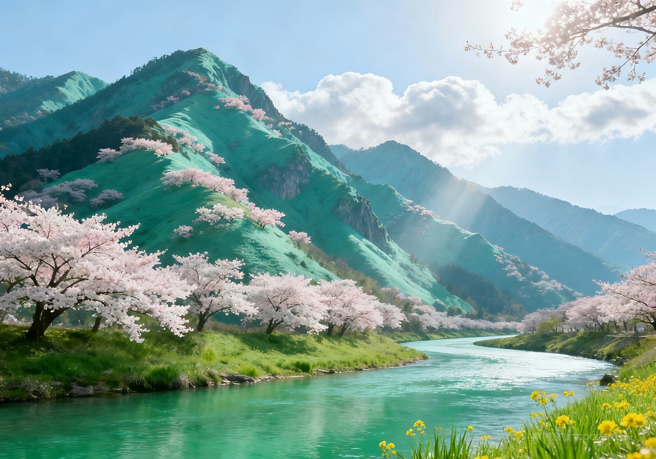 风景春天意境春意山峰河流自然天空