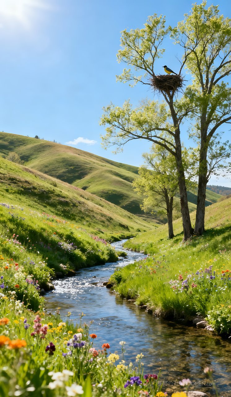 天空春季景色山峰河流自然唯美春天风景山水