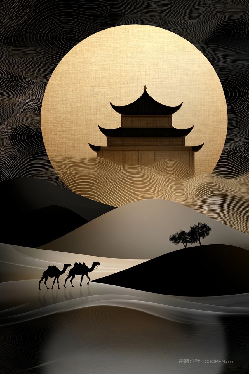 月夜沙漠骆驼插画