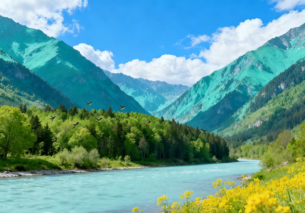 河流春季风景山峰唯美山水天空意境