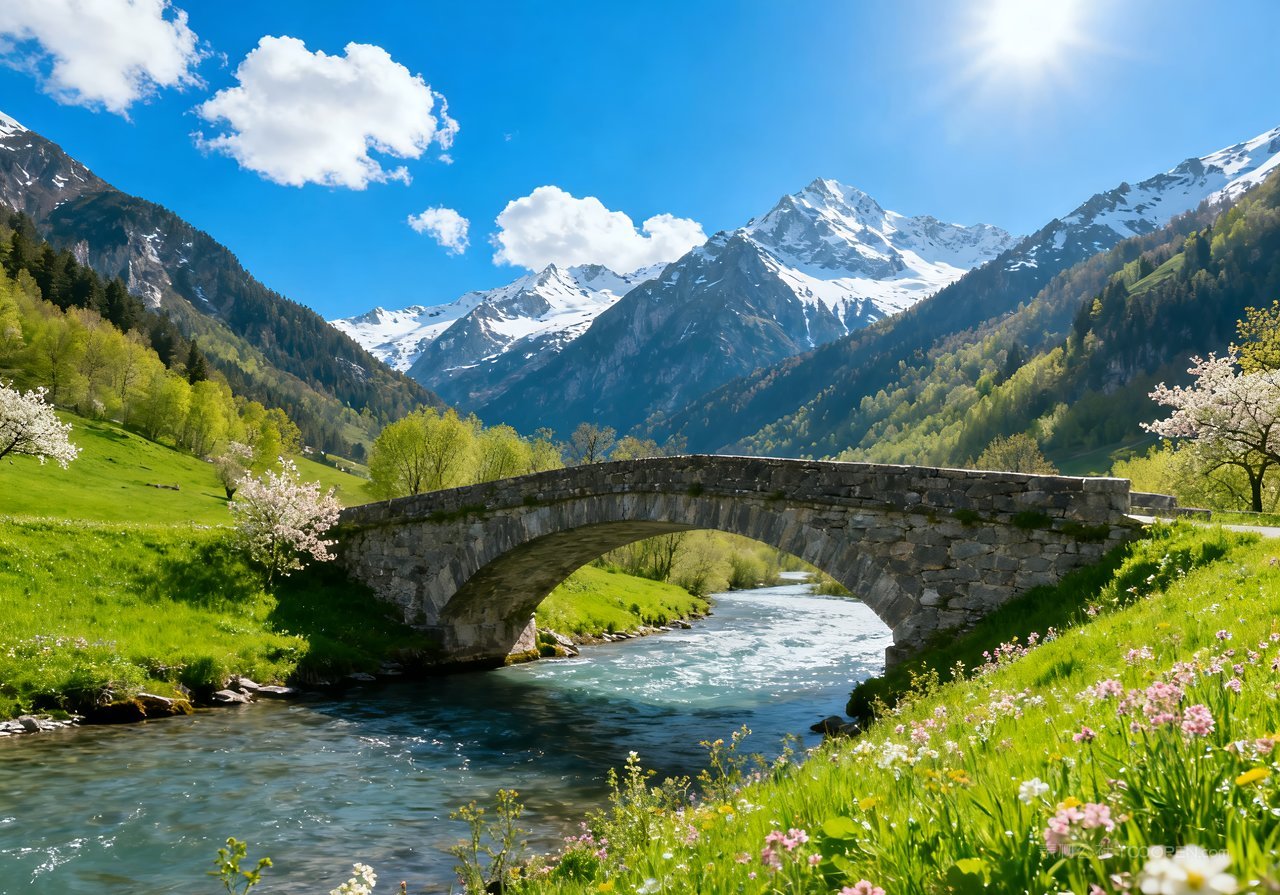 意境自然风景天空春意春天山峰河流