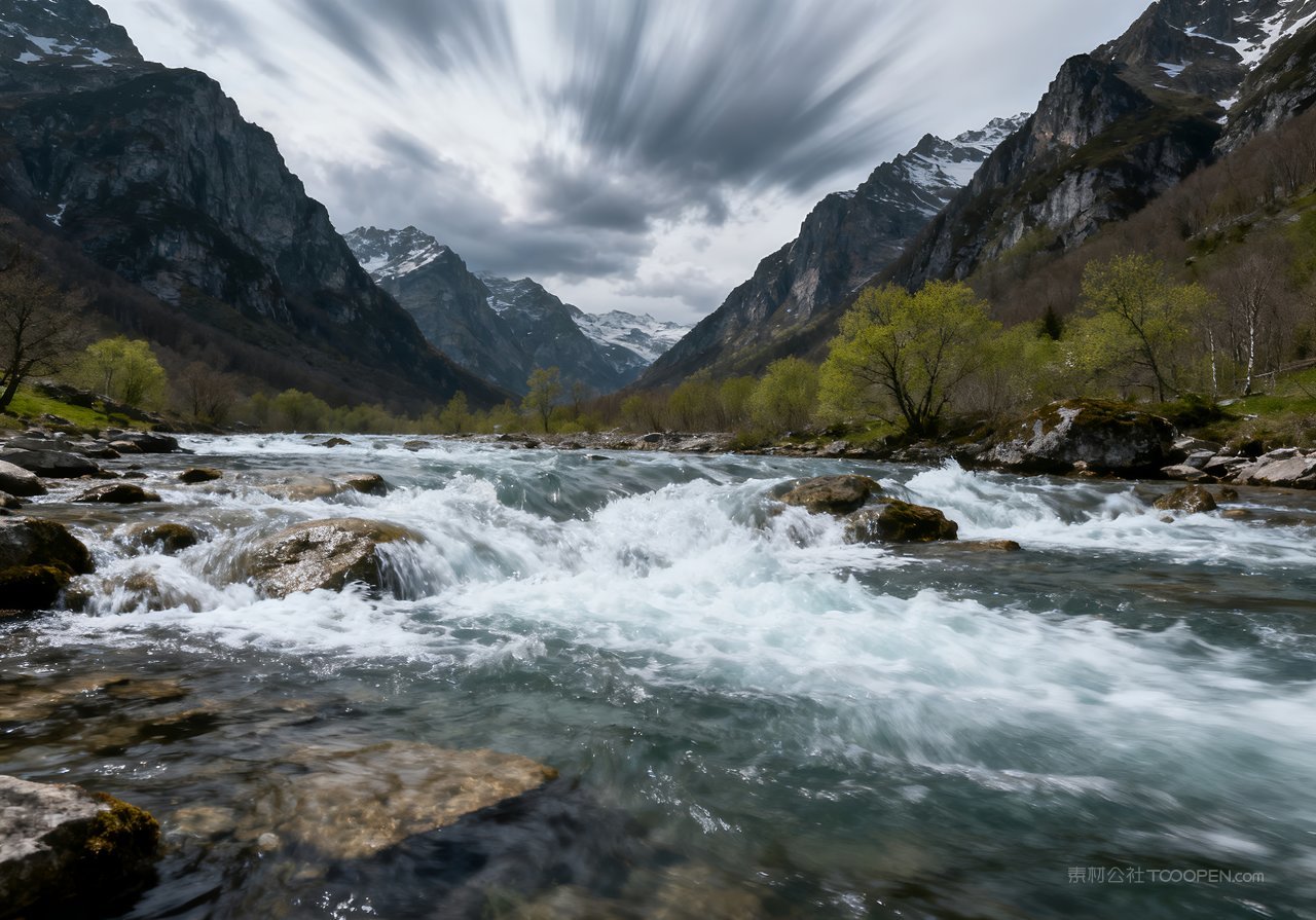 河流春意风景自然山峰意境春天天空