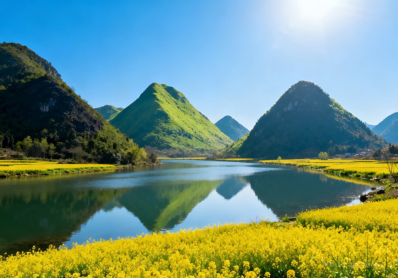 唯美山峰河流风景意境天空春意春天