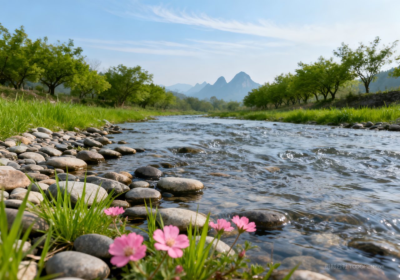 河流山水意境天空风景春天唯美山峰