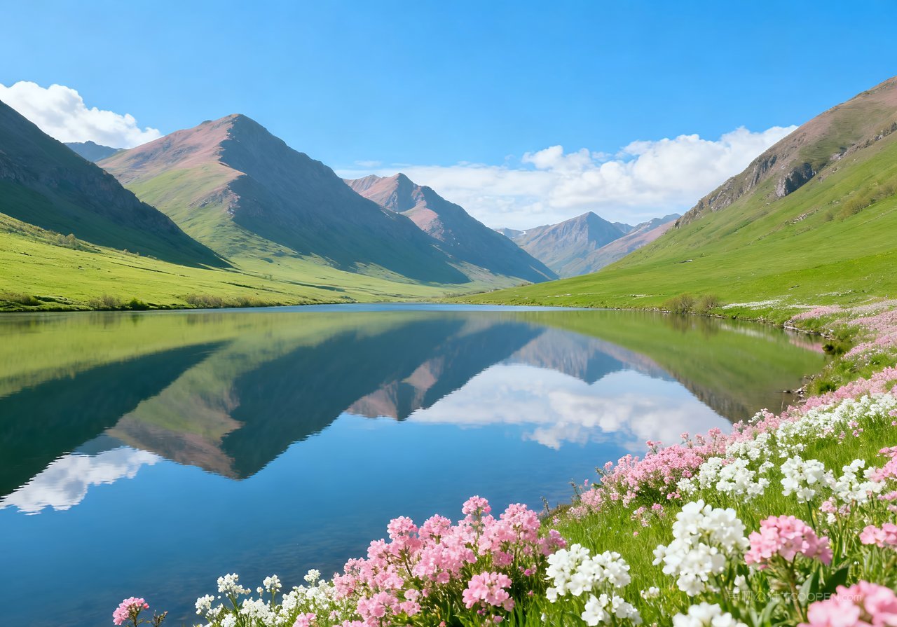 春季天空山峰唯美意境山水风景河流