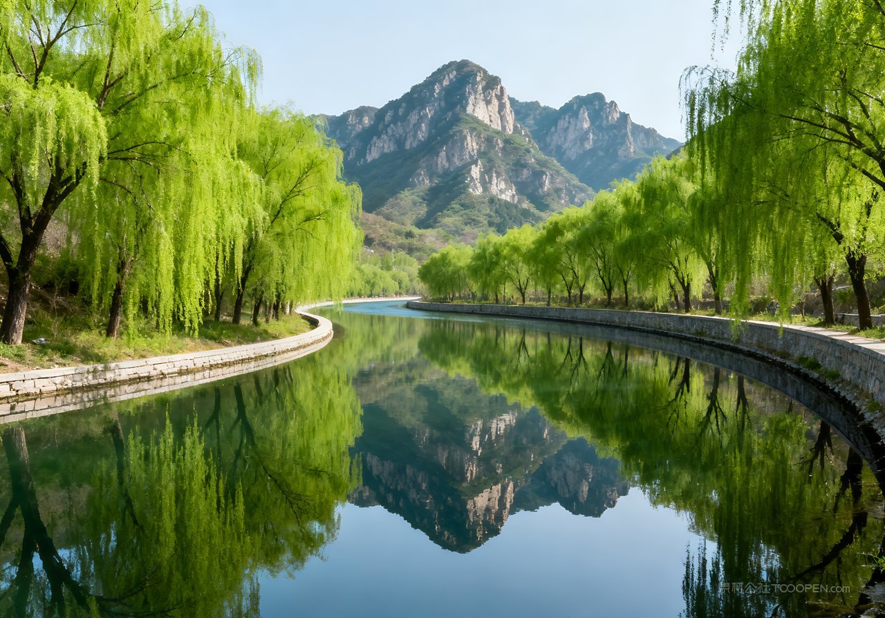 春天唯美山峰河流风景自然意境春意天空