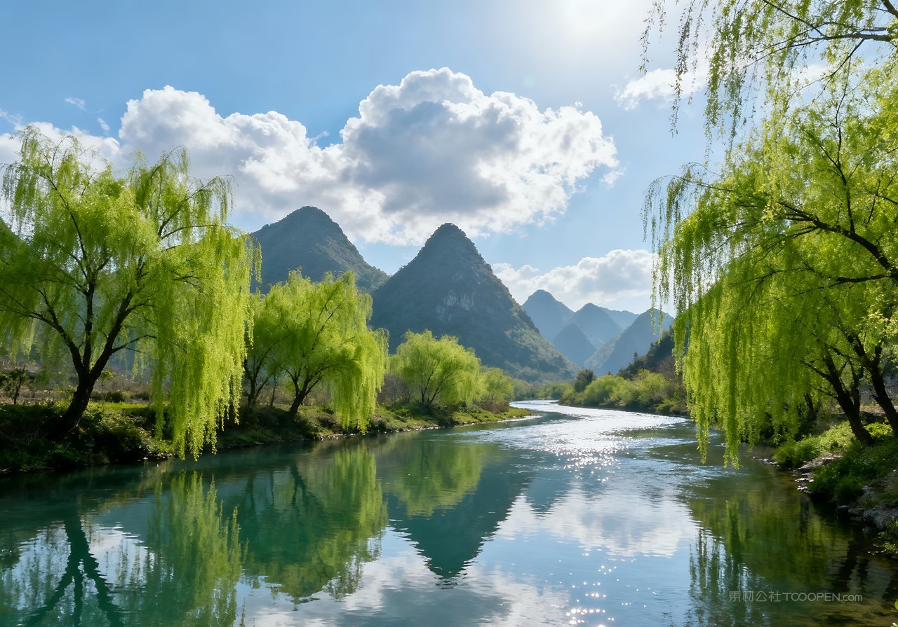 自然意境春天天空河流唯美山峰春意风景