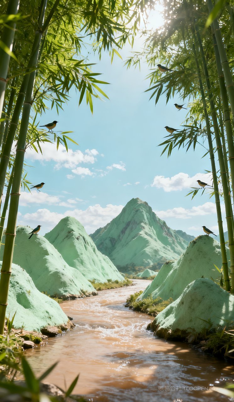 唯美风景意境山水天空春天山峰河流