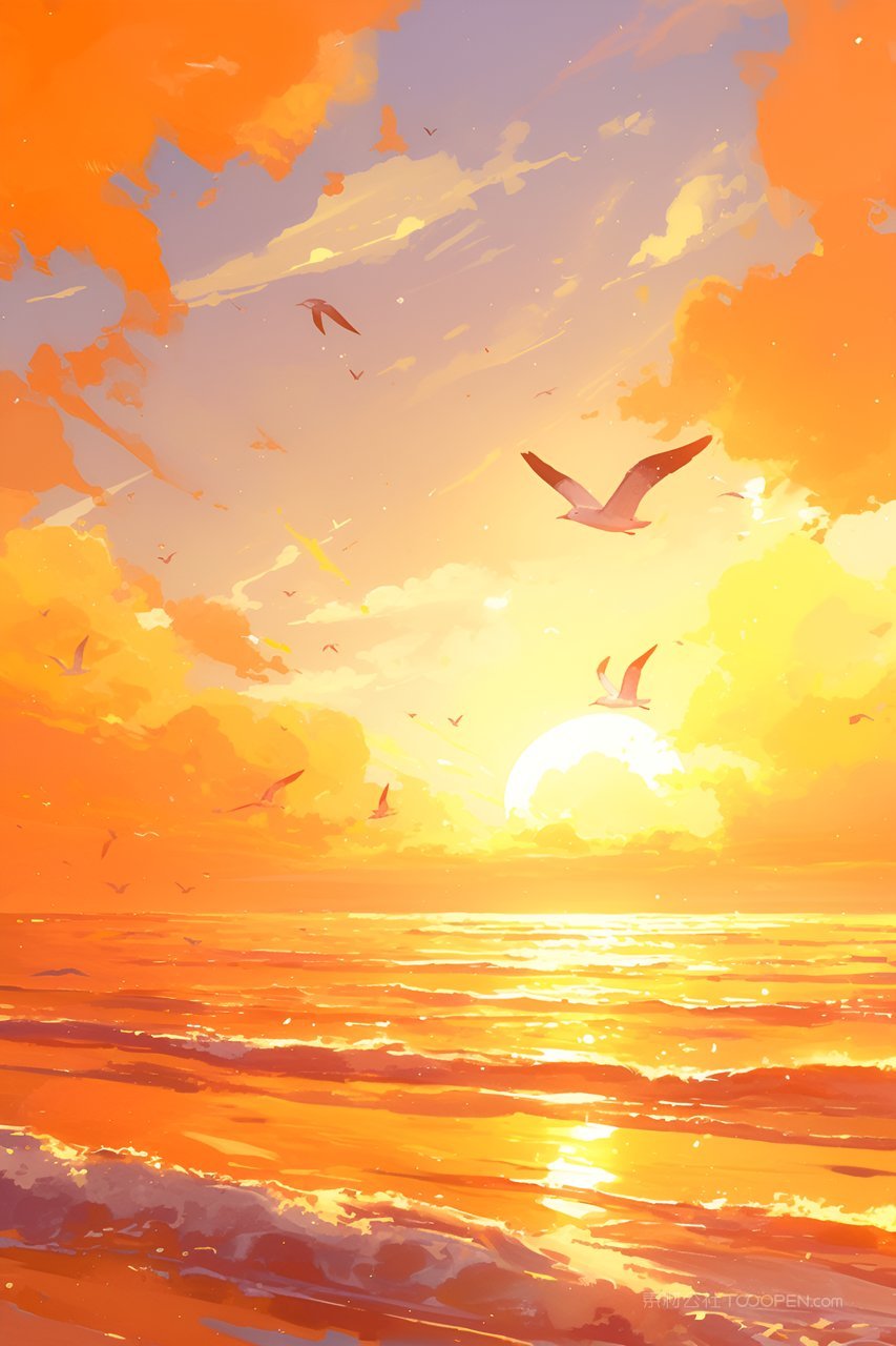 海上日落海鸥插画