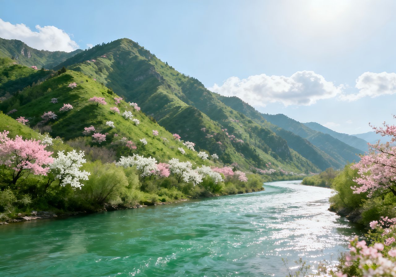 天空春意自然意境山峰风景春天唯美河流