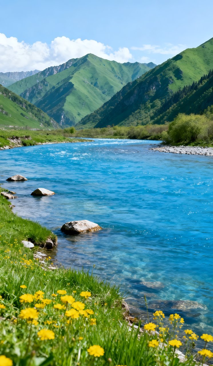 河流风景春天唯美天空山峰意境山水