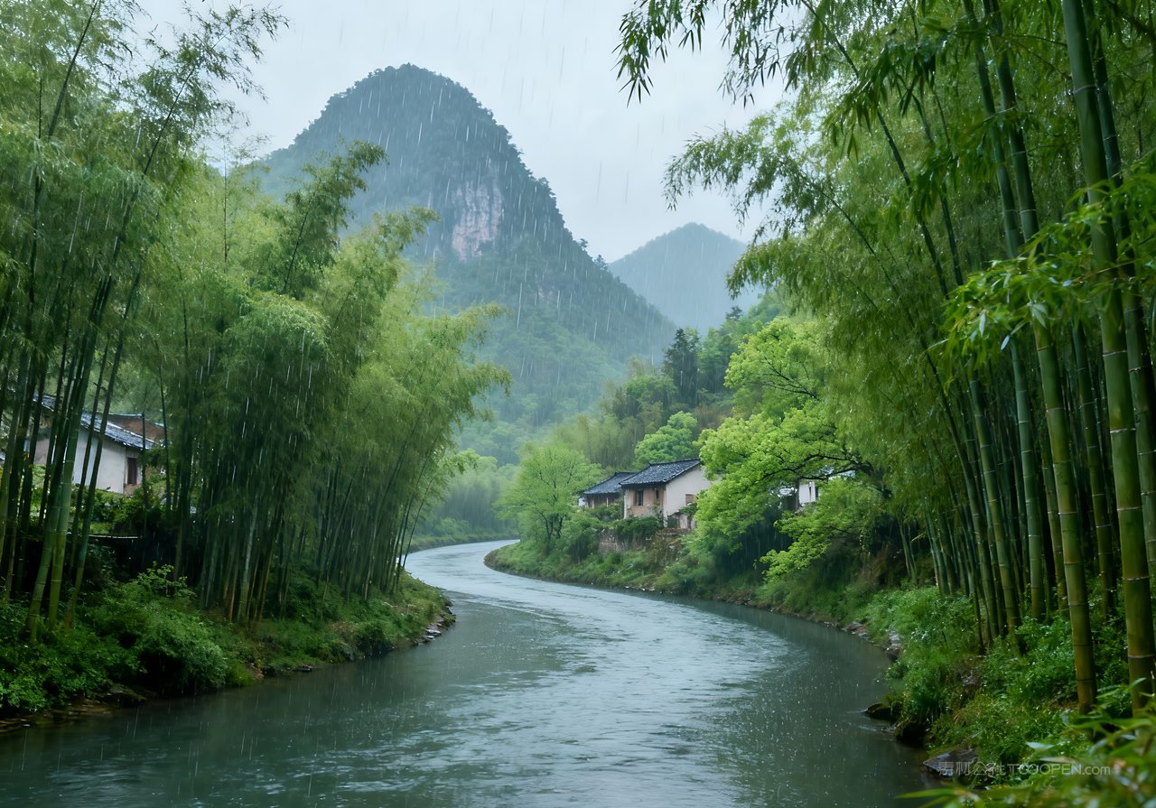 风景山峰春季天空河流意境山水唯美