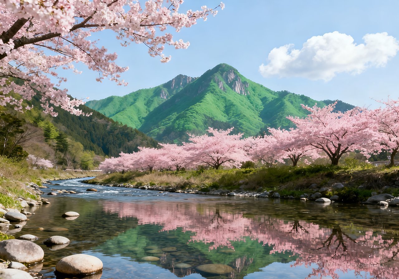 河流风景唯美春季山水山峰意境天空