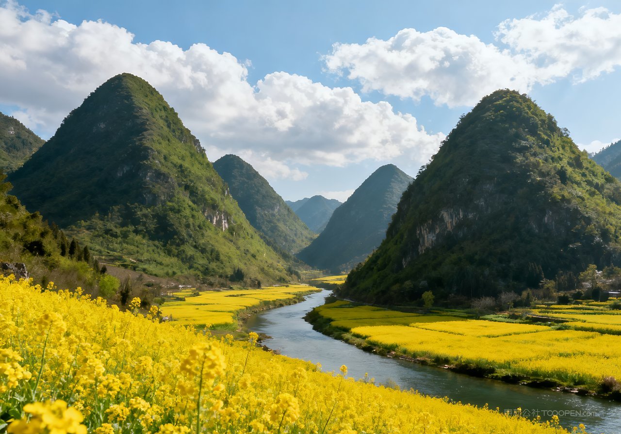 河流春意山峰意境天空风景自然春天