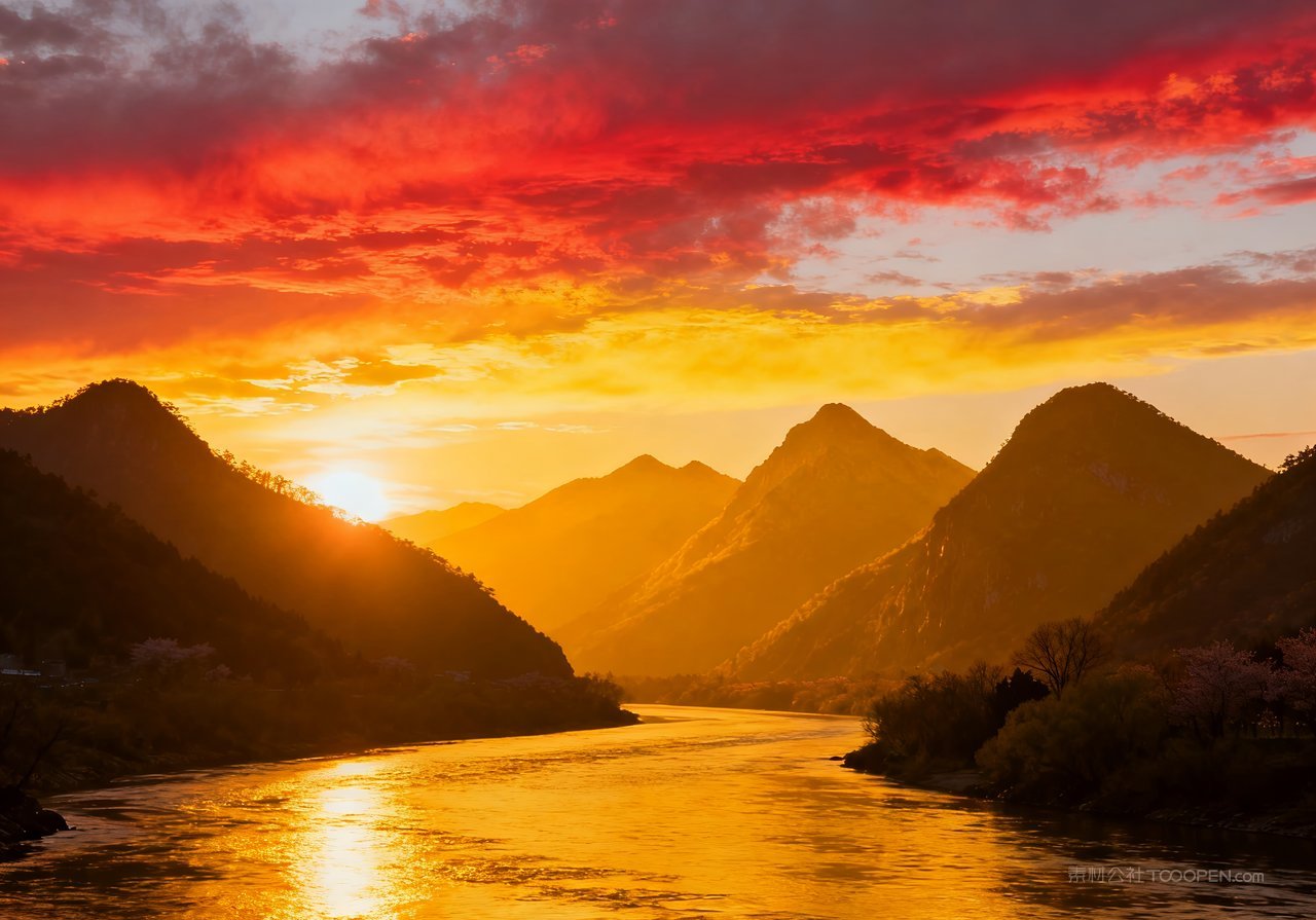 春天风景河流山水天空唯美意境山峰