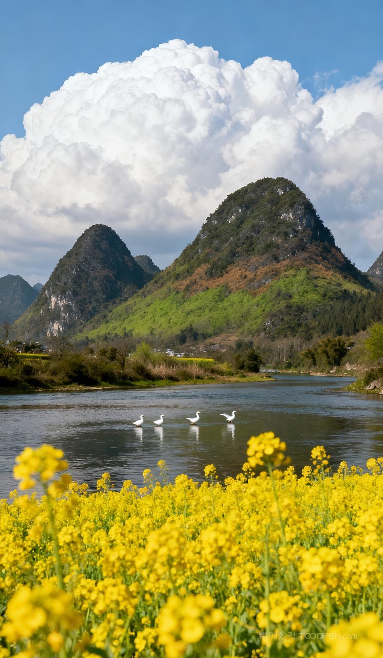 风景河流自然山峰唯美天空春天山水春季