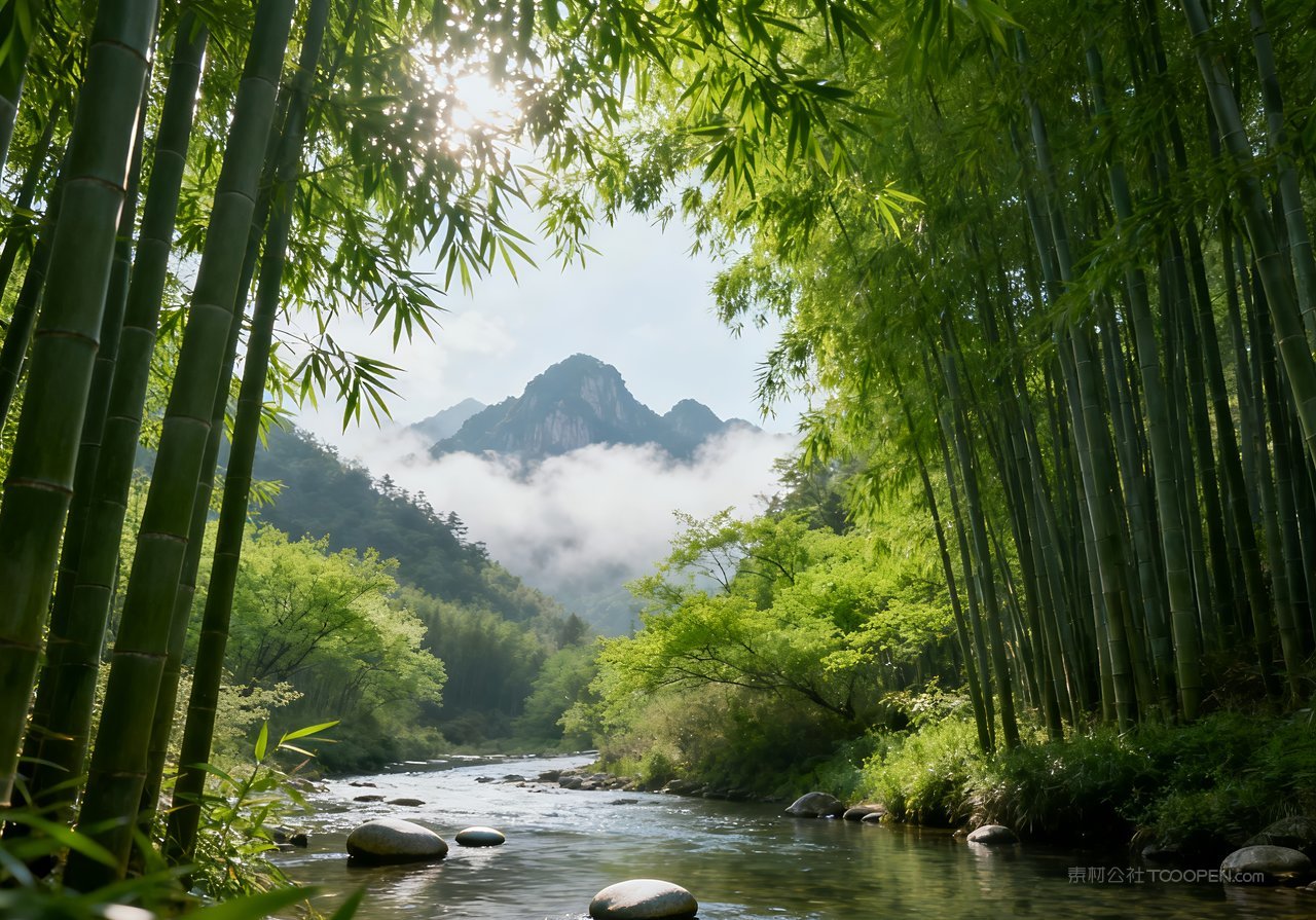 春意山峰河流春天天空唯美风景意境