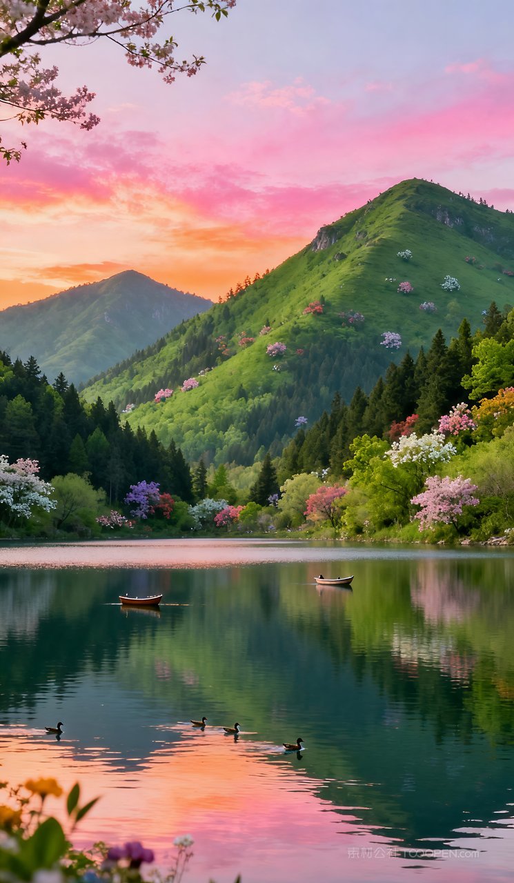 春天山峰风景唯美山水河流意境天空