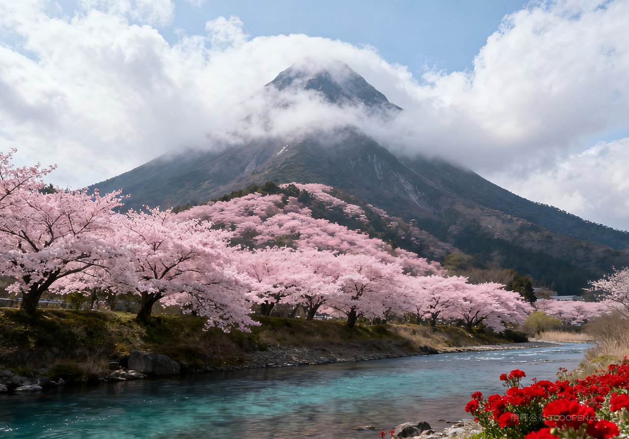 风景春意意境唯美河流山峰春天天空