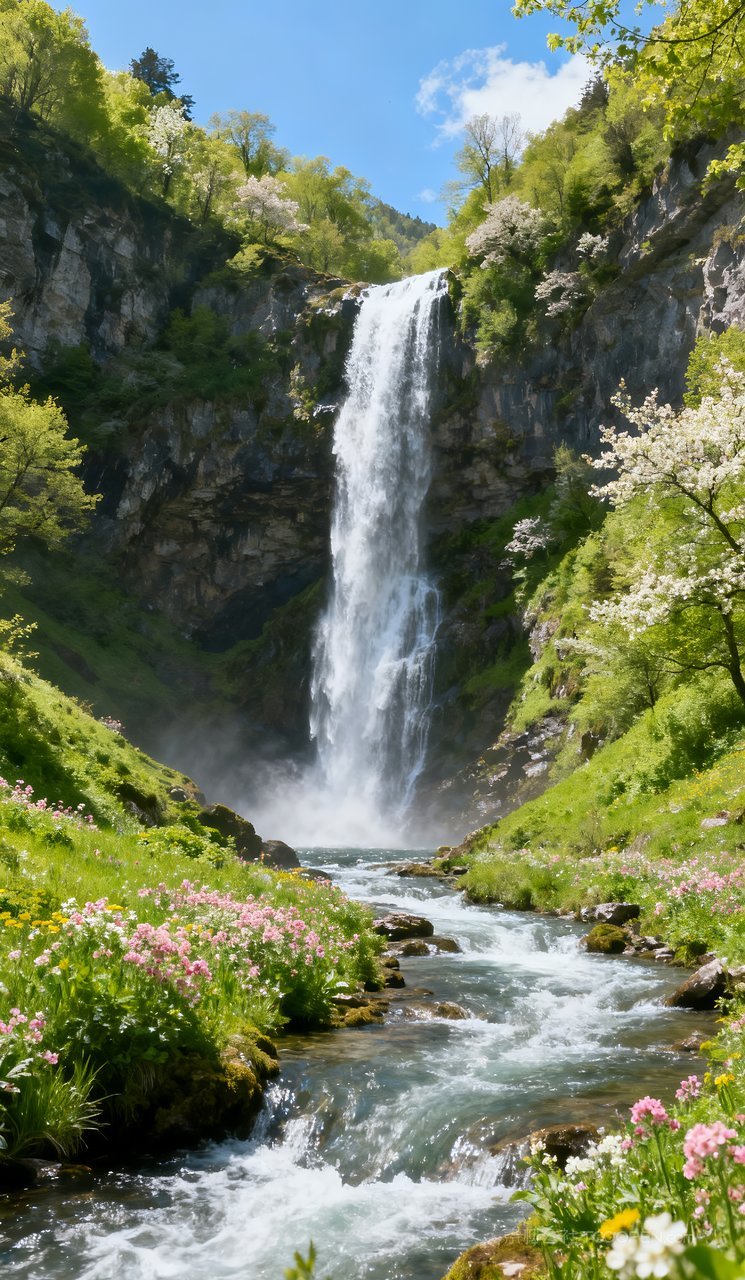 山水春天春季天空风景唯美自然山峰河流
