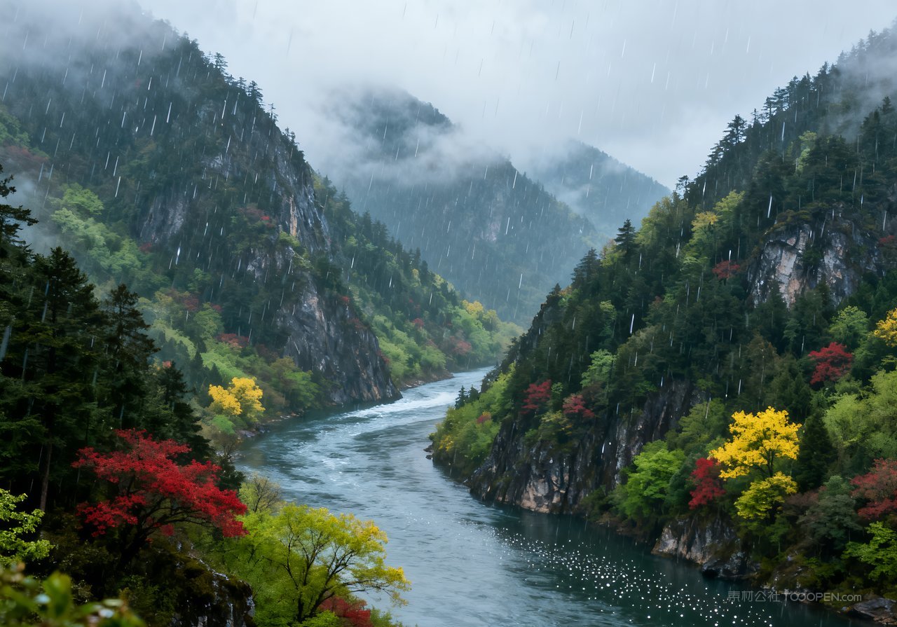 风景春天春意河流自然天空山峰意境