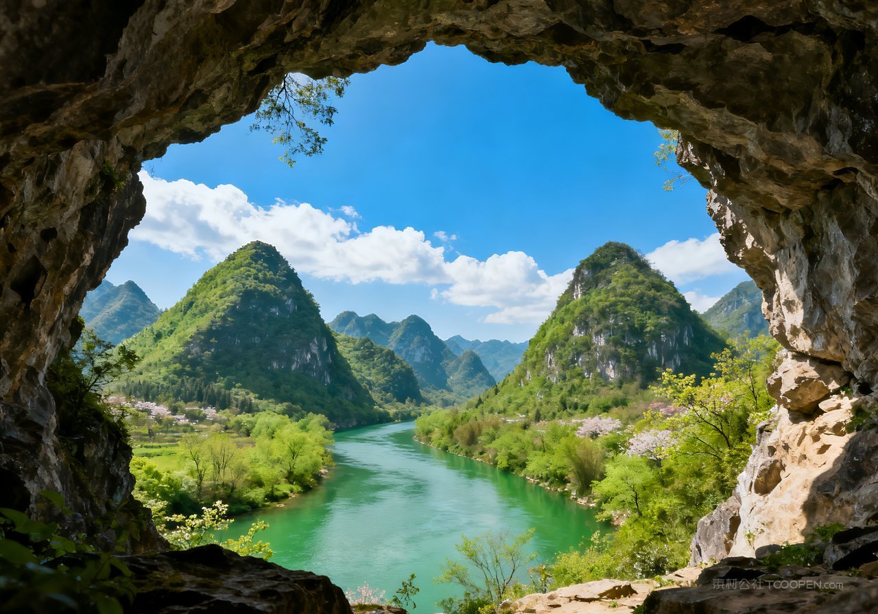 春天意境风景自然山峰春意唯美天空河流