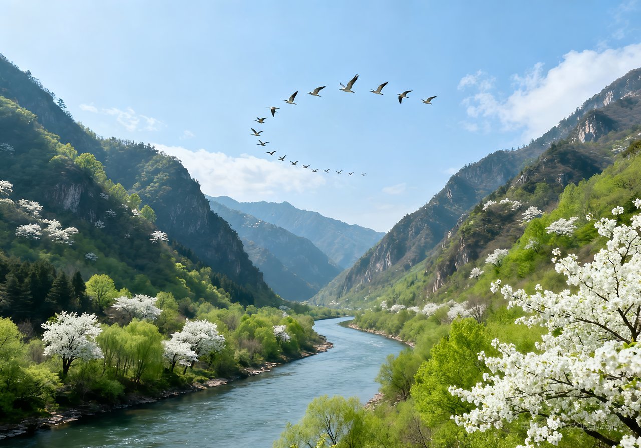 自然河流意境山峰天空春意风景春天
