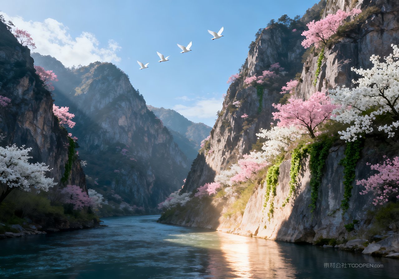 春天风景唯美山峰河流意境天空山水